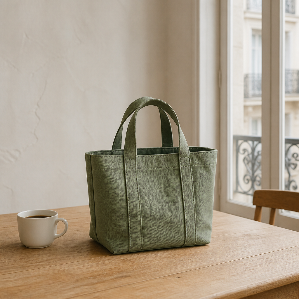 Cabas Compact en canvas sauge posé sur une table en chêne
