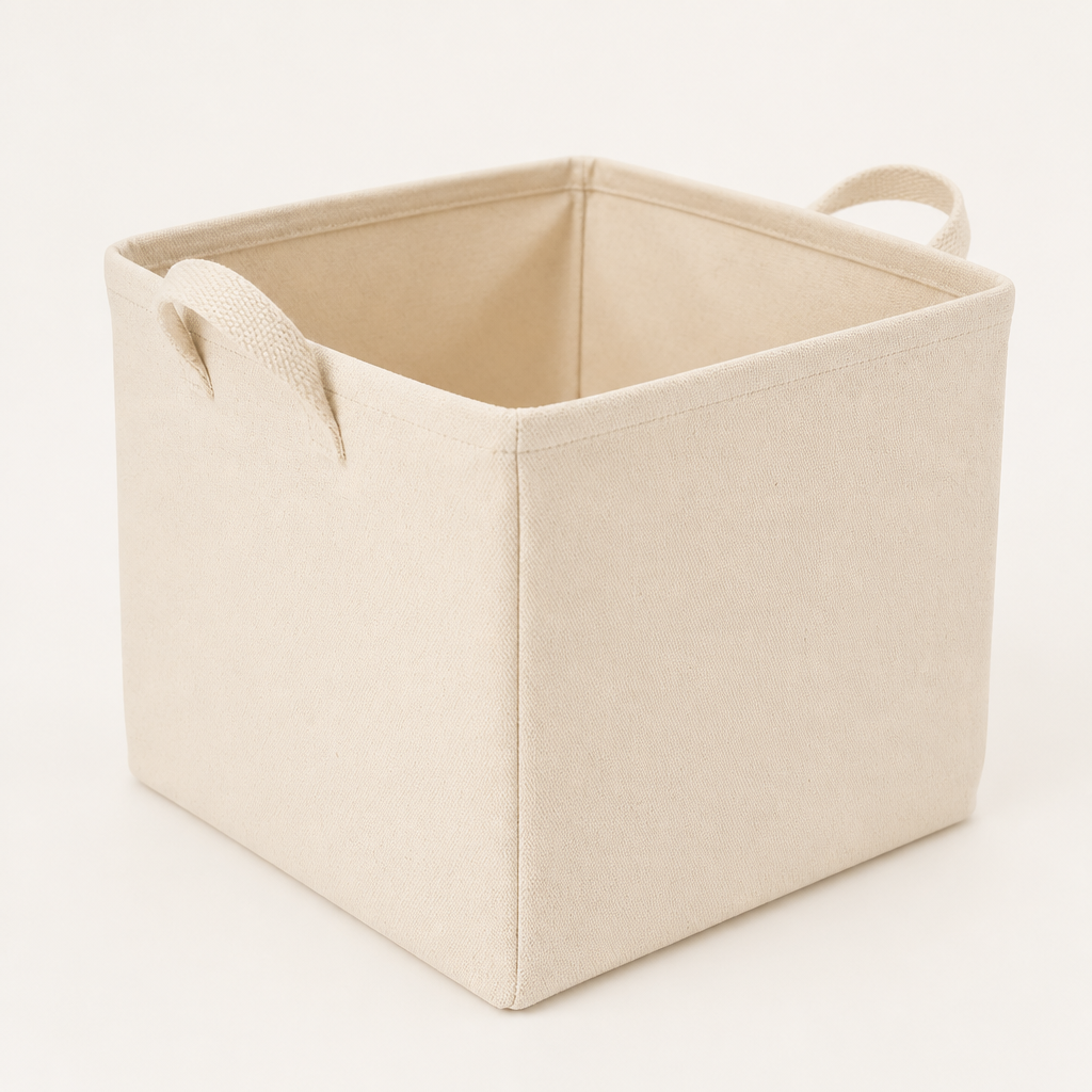Panier Cube en canvas avoine, vue d’angle avec intérieur vide