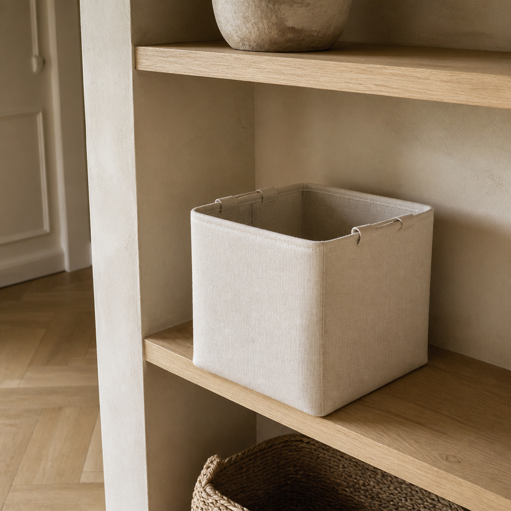 Panier Cube en canvas avoine sur une étagère en chêne