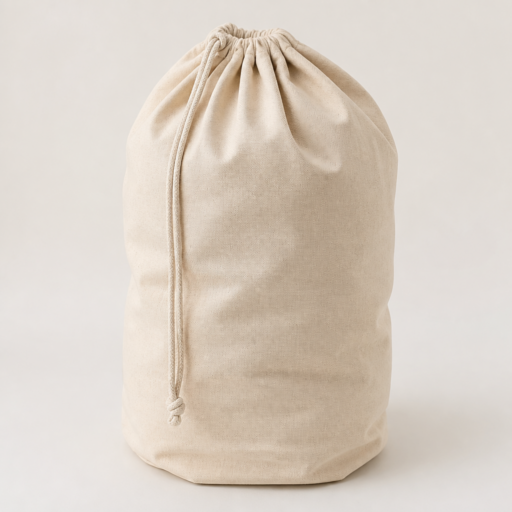 Sac à linge en canvas écru, vue de trois-quarts avec cordon
