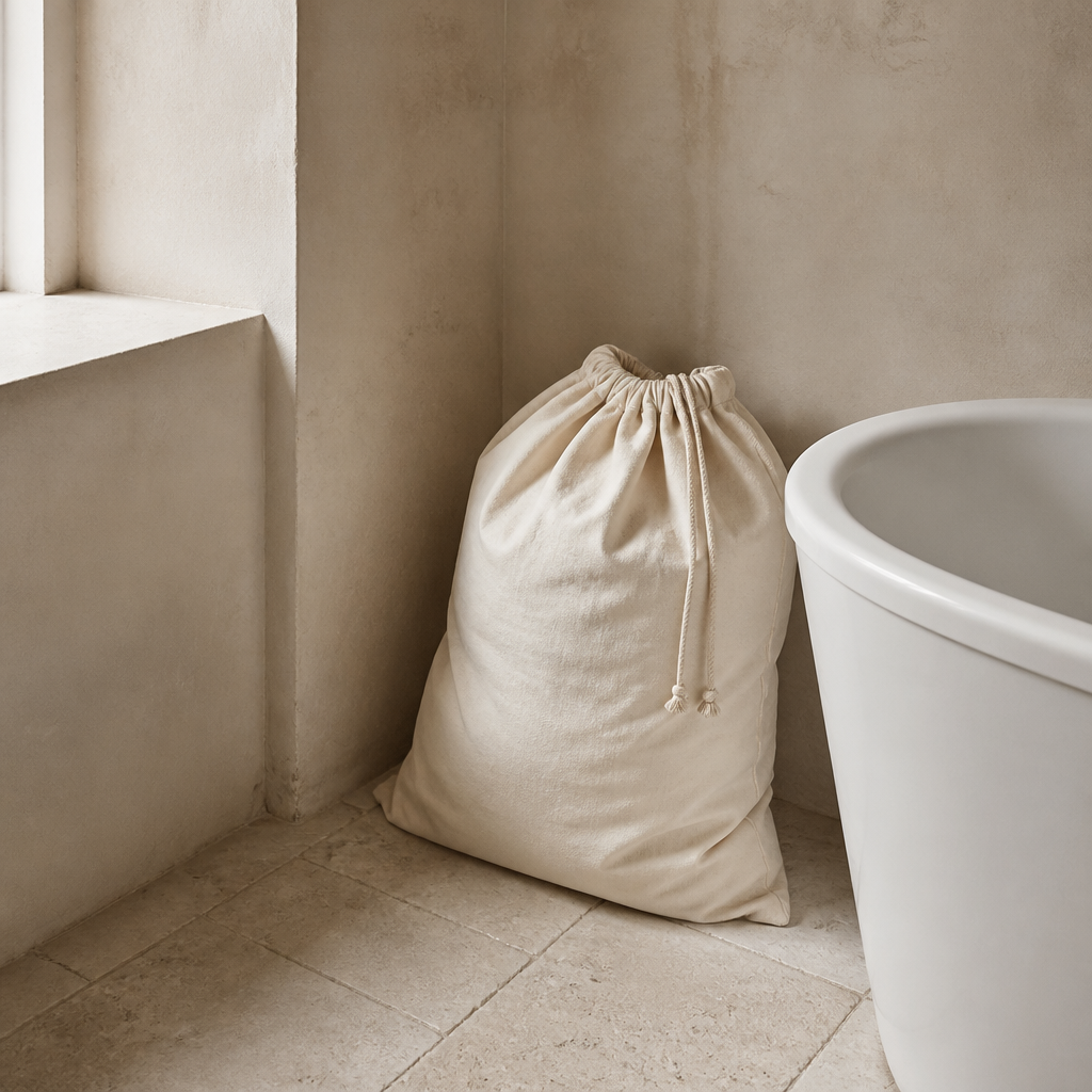Sac à linge en canvas écru dans une salle de bain claire
